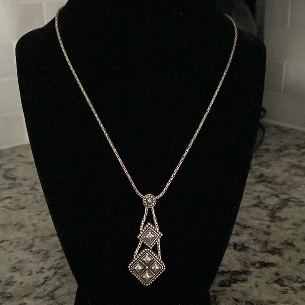 Brighton vintage silver scrolled diamond tile‎ drop pendant statement necklace